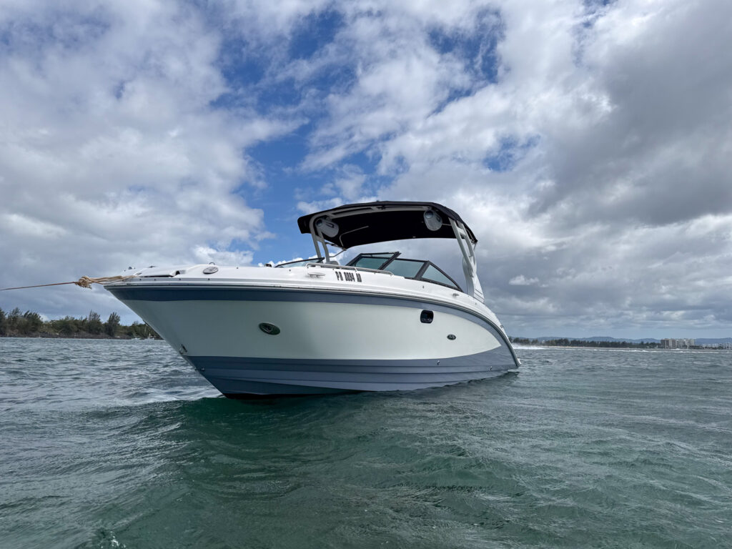 Sea Ray SDX 270 private charter boat anchored in turquoise water off Puerto Rico