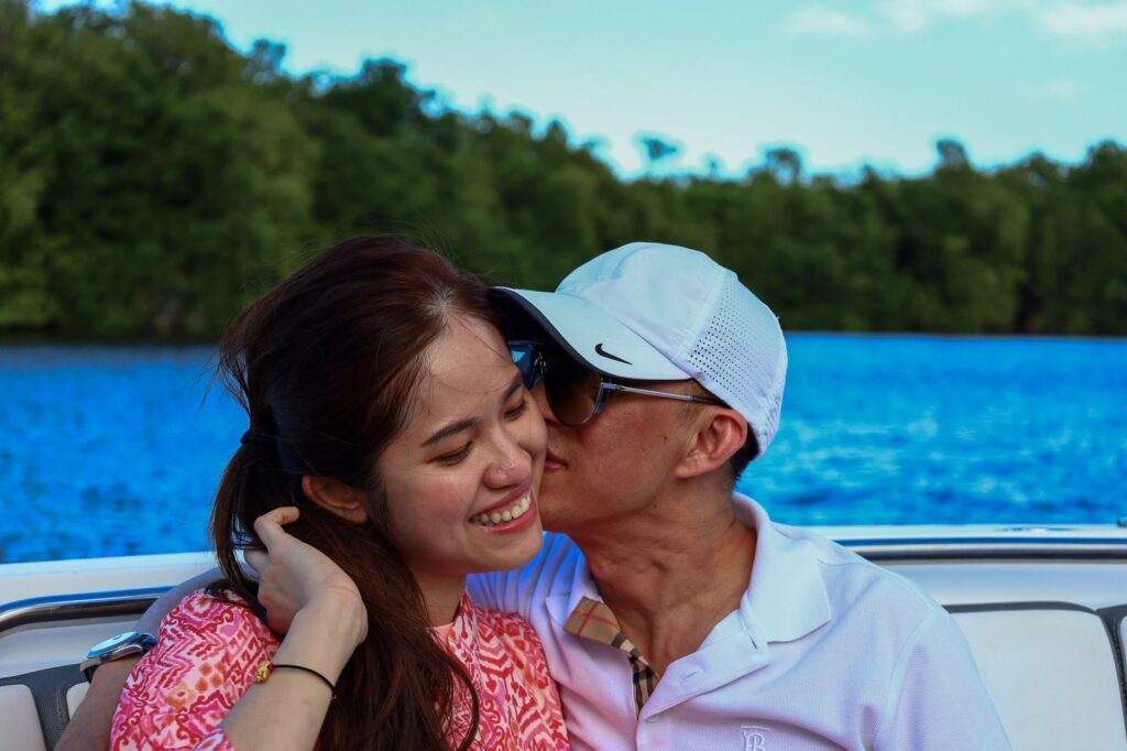 Couple on a private sunset boat charter near San Juan, Puerto Rico